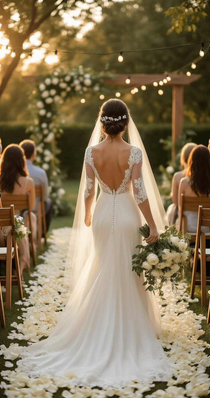 Wedding Hair That'll Actually Last All Day (Without Looking Like a Helmet) Bride with low chignon adorned with white flowers walking down a petal-strewn aisle at an outdoor garden wedding, wearing an A-line lace dress and carrying a cascading bouquet of white roses and eucalyptus, with string lights twinkling in the background during golden hour.