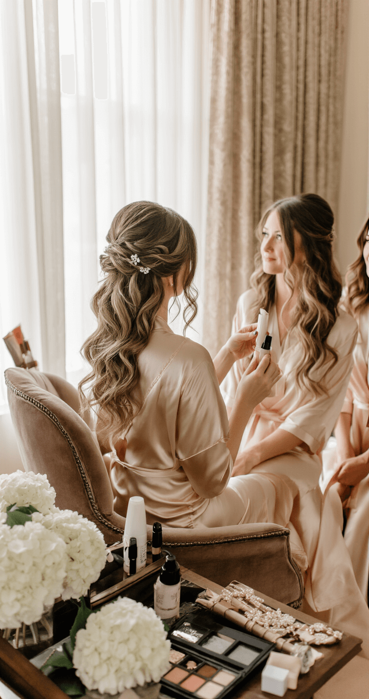 Wedding Hair That'll Actually Last All Day (Without Looking Like a Helmet) A luxurious bridal suite with a bride in a champagne silk slip dress receiving final hair touch-ups in warm afternoon light, surrounded by bridesmaids in matching robes and a vintage vanity adorned with beauty products and fresh hydrangeas.