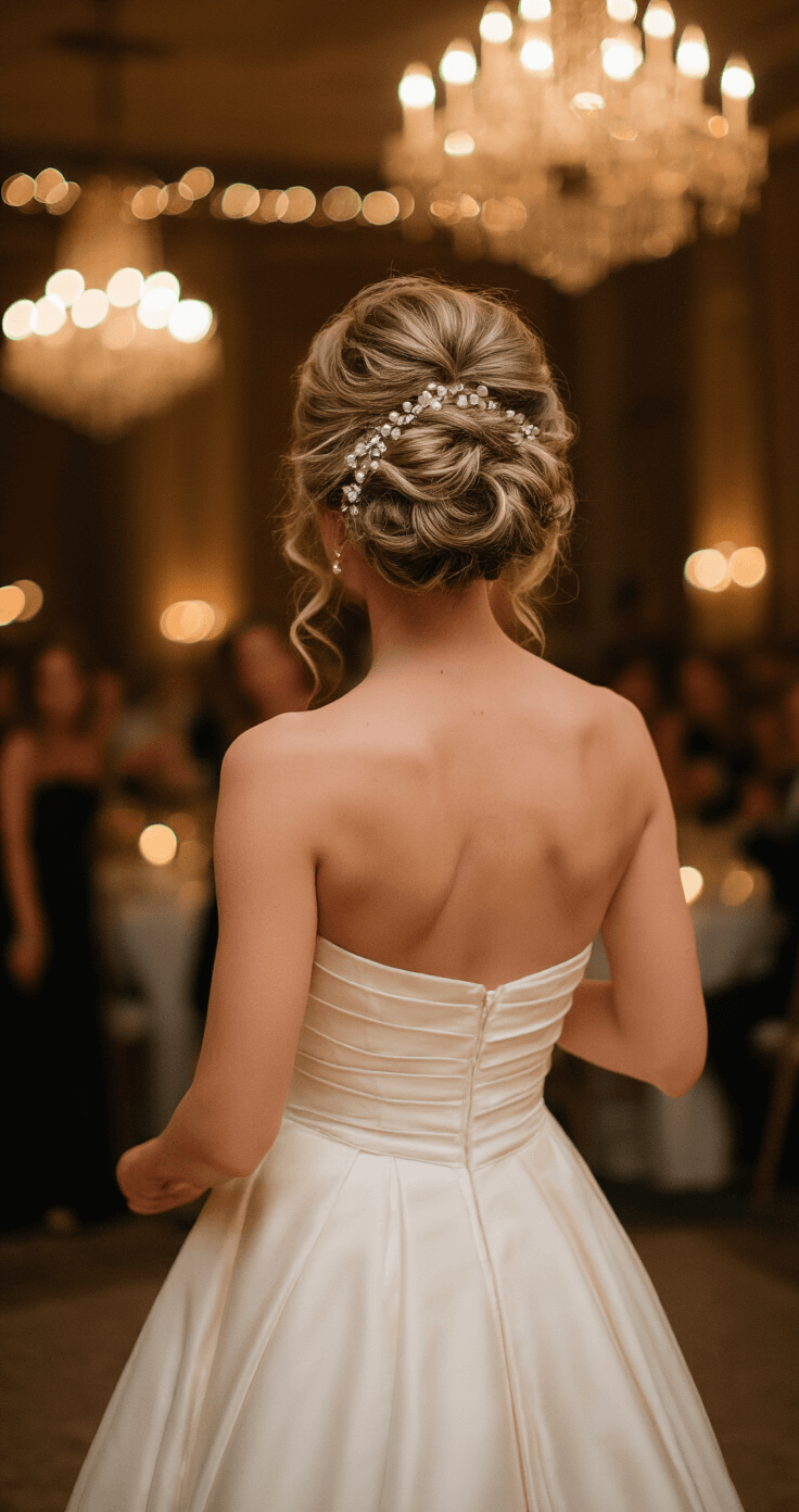 Wedding Hair That'll Actually Last All Day (Without Looking Like a Helmet) A bride in a strapless ivory gown dances at her wedding reception under warm amber lighting, her textured messy bun adorned with subtle pearls, showcasing professional longevity in hairstyling amidst a dreamy, romantic atmosphere.