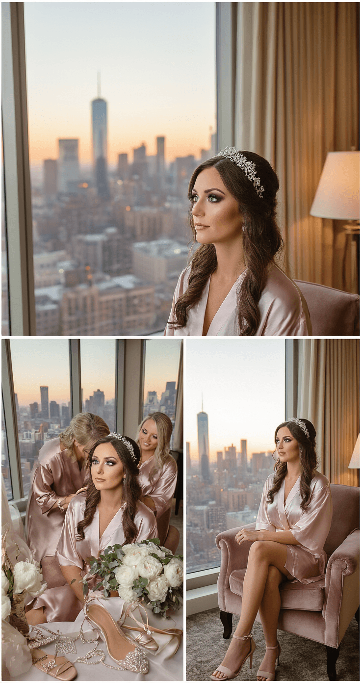 Wedding Makeup for Green Eyes: How I Learned to Make My Eyes the Star of the Show An elegant bridal preparation scene in a luxurious hotel suite with bridesmaids in silk robes, the bride in a velvet armchair receiving makeup, dramatic eye makeup, scattered bridal accessories, and warm lighting creating a cozy atmosphere.