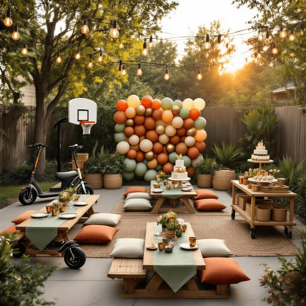Gift Ideas for 11-Year-Old Boys That Actually Get Used (Not Shoved in a Closet) Overhead view of a golden hour outdoor birthday party in a stylish suburban backyard, featuring low picnic tables with sage green linen runners, terracotta and cream floor cushions, a dessert cart with a sports-themed cake, and a balloon wall in earthy hues, all illuminated by string Edison bulbs.
