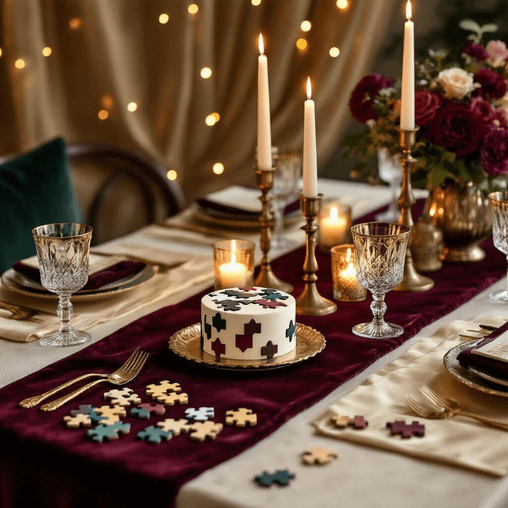 Gift Ideas for 11-Year-Old Boys That Actually Get Used (Not Shoved in a Closet) Intimate candlelit birthday dinner setup featuring a burgundy velvet table runner, cream silk placemats, brass candlesticks, and a centerpiece of brainteaser puzzles around a geometric fondant cake, accented by sheer gold drapery and fairy lights, all in rich jewel tones.