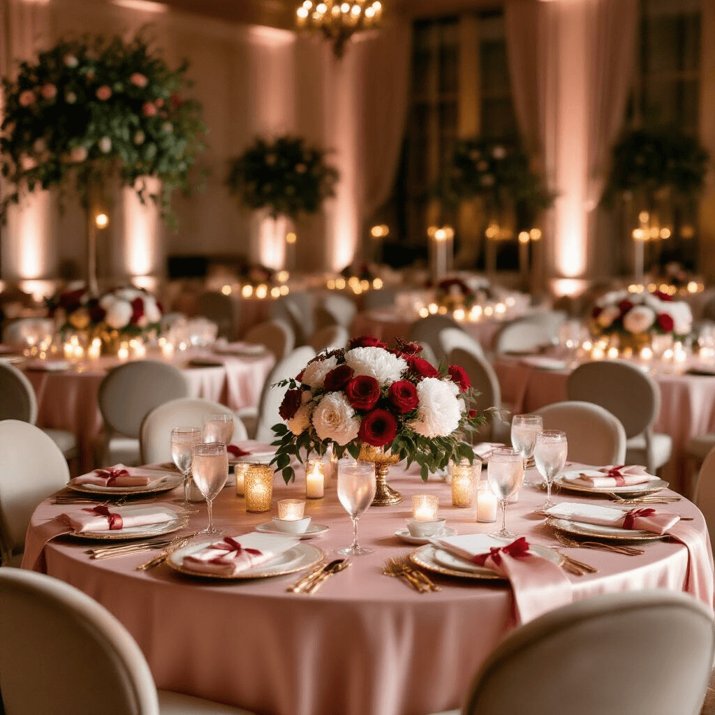 Valentine's Day Gift Ideas That'll Make You Look Like You Actually Put Thought Into It A luxurious ballroom set for a Valentine's Day gift exchange, featuring blush pink silk tablecloths, elegant floral centerpieces, and candlelight ambiance, with beautifully wrapped gifts in pink and gold around the perimeter.