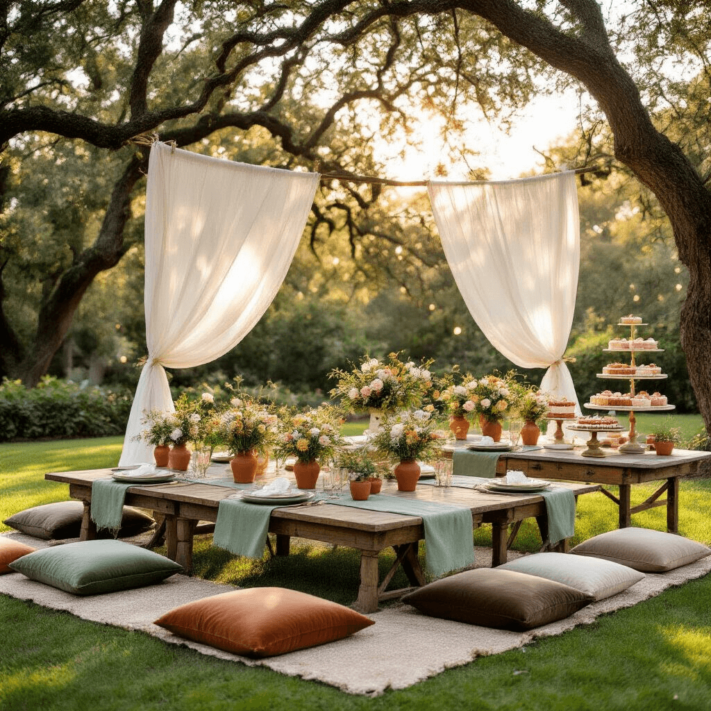 Valentine's Day Gift Ideas That'll Make You Look Like You Actually Put Thought Into It A beautifully arranged garden party for Valentine's Day featuring rustic wooden tables adorned with terracotta and sage green table runners, wildflower arrangements in mason jars, and comfortable velvet and linen cushions, all set under antique white drapery and twinkling string lights, with a vintage dessert cart displaying romantic treats amidst coral and peach florals.