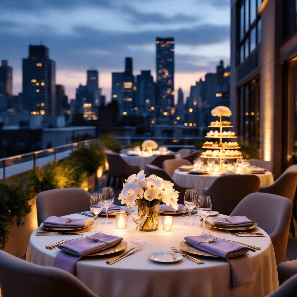 Valentine's Day Gift Ideas That'll Make You Look Like You Actually Put Thought Into It An upscale rooftop terrace Valentine's dinner party featuring intimate dining nooks with round tables dressed in ivory silk linens, minimalist white orchid centerpieces, gold-rimmed place settings, and ambient fairy lights, set against a sophisticated urban skyline.