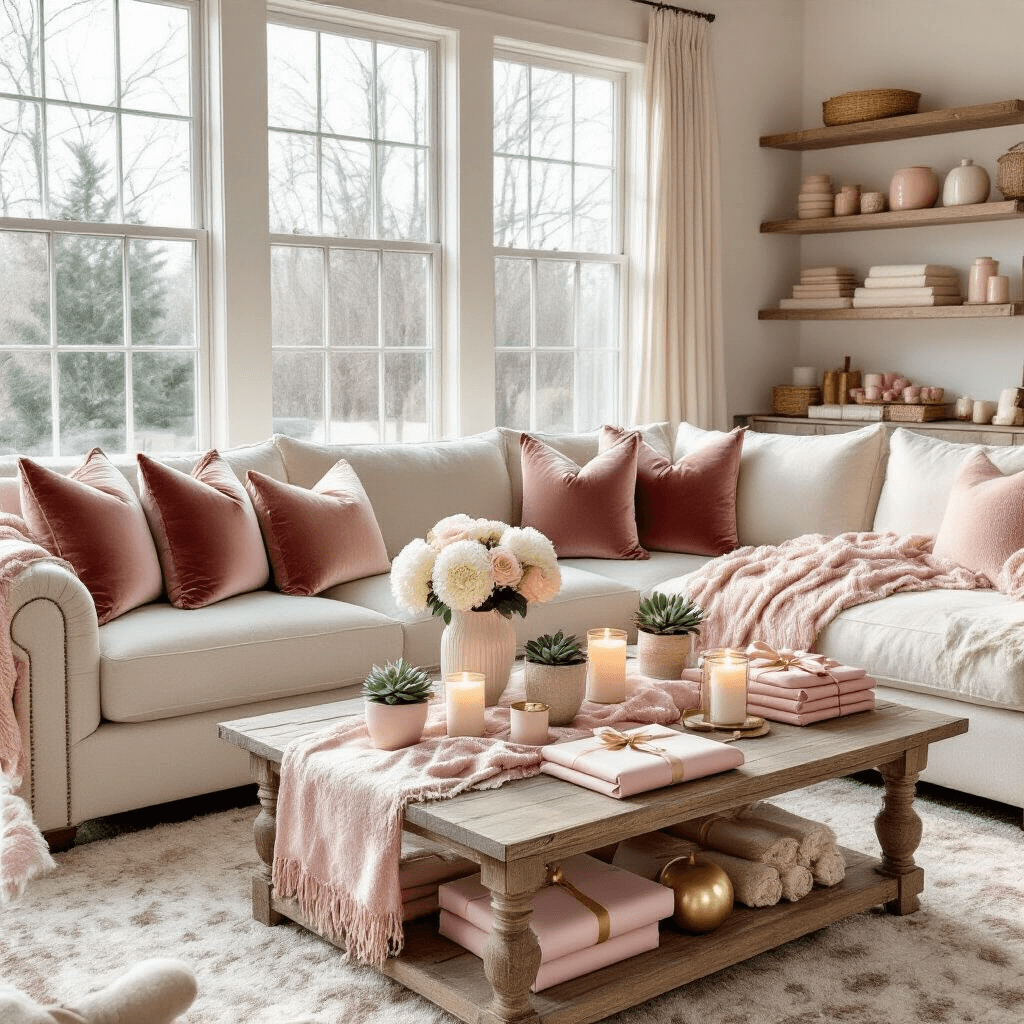 Valentine's Day Gift Ideas That'll Make You Look Like You Actually Put Thought Into It A cozy living room decorated for Valentine's Day, featuring a cream sectional sofa with rose and champagne pillows, a rustic coffee table with candles and succulents, gift-wrapping supplies on shelves, and fresh flowers in vases, all bathed in soft morning light.