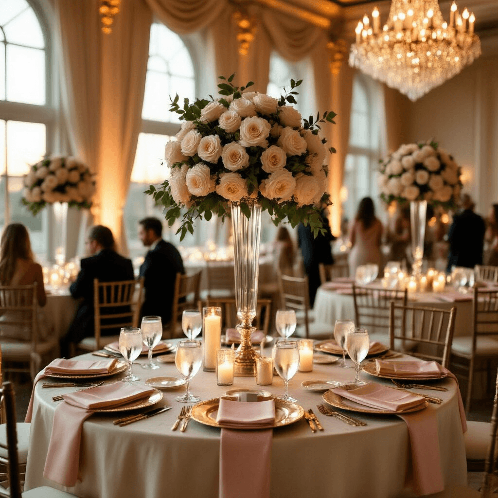 Gift Exchange Ideas That'll Actually Make Your Holiday Parties Fun (Not Awkward) Cinematic wide-angle shot of an elegant indoor ballroom during golden hour, featuring round tables draped in ivory silk linens with blush pink napkins, towering arrangements of cream roses and eucalyptus in crystal vases, ambient candlelight from pillar candles, an ornate gift exchange station with wrapped presents, guests in formal attire mingling, sheer ivory drapery, luxury chandeliers, and a sophisticated mood with rich textures.