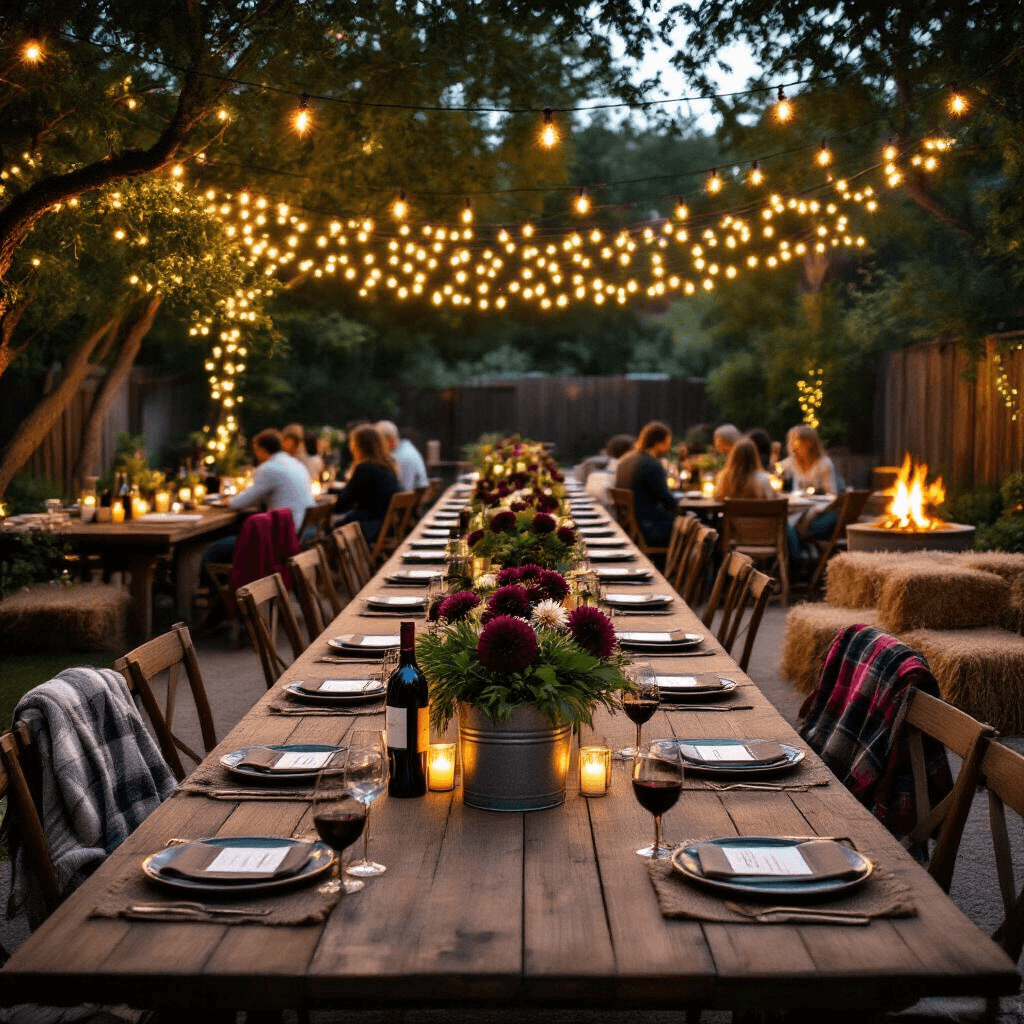 Gift Exchange Ideas That'll Actually Make Your Holiday Parties Fun (Not Awkward) Cinematic wide shot of a stylish backyard garden at night, featuring U-shaped wooden farm tables adorned with burgundy dahlia centerpieces, string lights overhead, burlap-wrapped wine bottles on a rustic cart, and guests gathered with blankets around a cozy fire pit area, all under a magical atmosphere of ambient lighting.