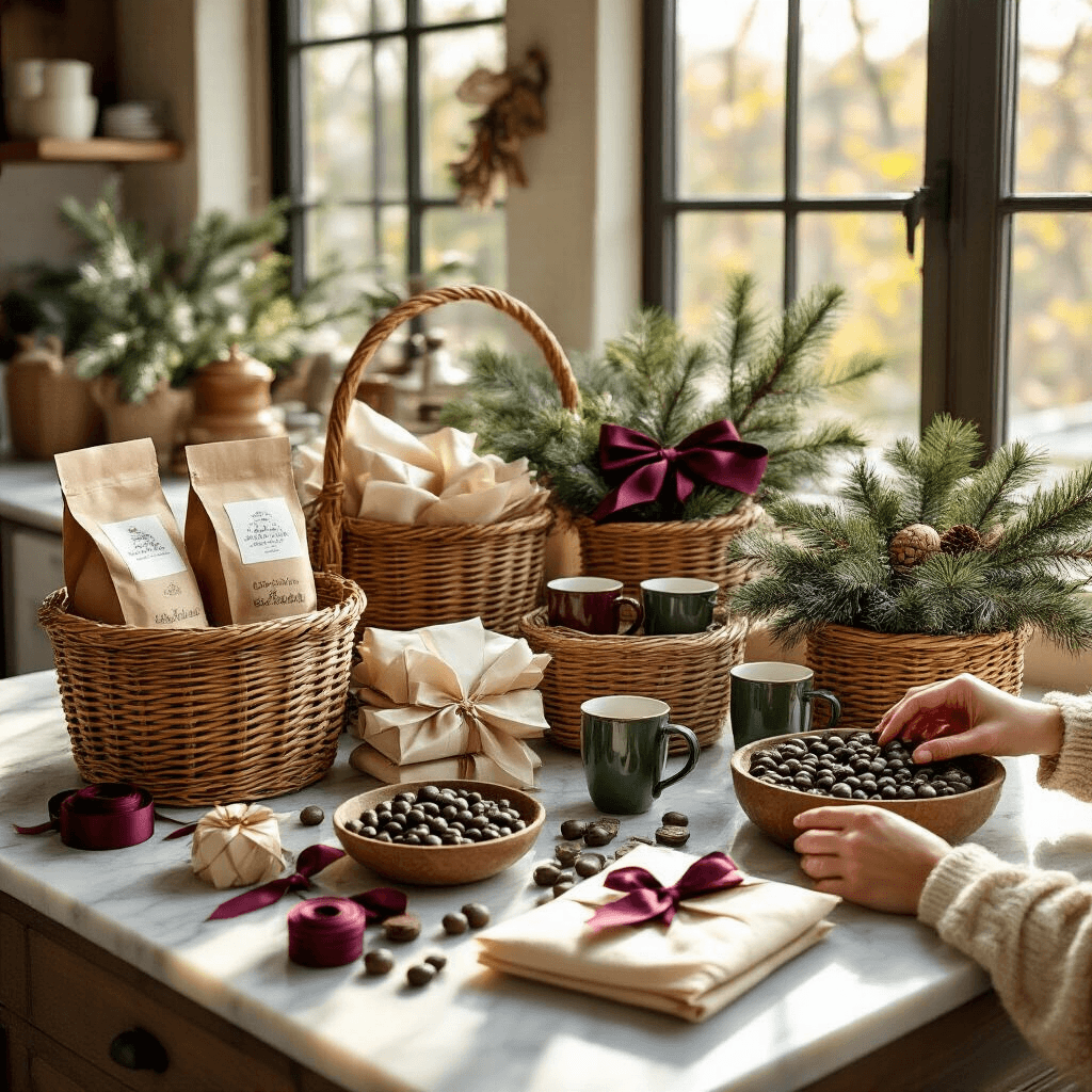 Christmas Gift Baskets: Your Complete Guide to DIY and Store-Bought Magic Overhead view of an elegant gift basket styling station, featuring wicker baskets filled with artisanal coffee, vintage mugs, and silk ribbons, on a marble countertop bathed in warm golden hour sunlight, with rustic wooden bowls, cinnamon sticks, and coffee beans adding to the cozy atmosphere.