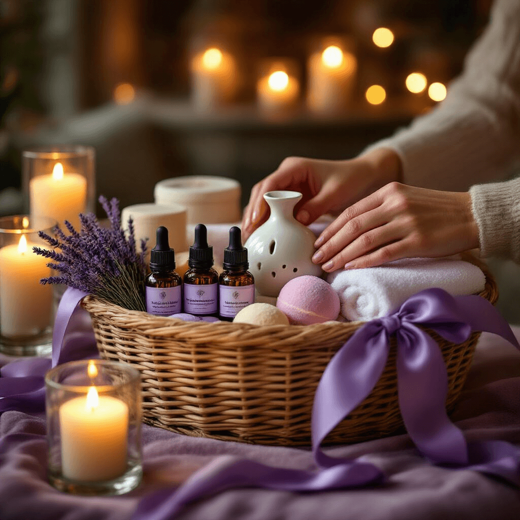 Christmas Gift Baskets: Your Complete Guide to DIY and Store-Bought Magic Close-up of a luxurious aromatherapy gift basket on a velvet-draped table, featuring lavender essential oil, handmade bath bombs, a ceramic diffuser, and fluffy towels, surrounded by dried lavender and sheer purple ribbon, with a warm candlelit ambiance and blurred fairy lights in the background.