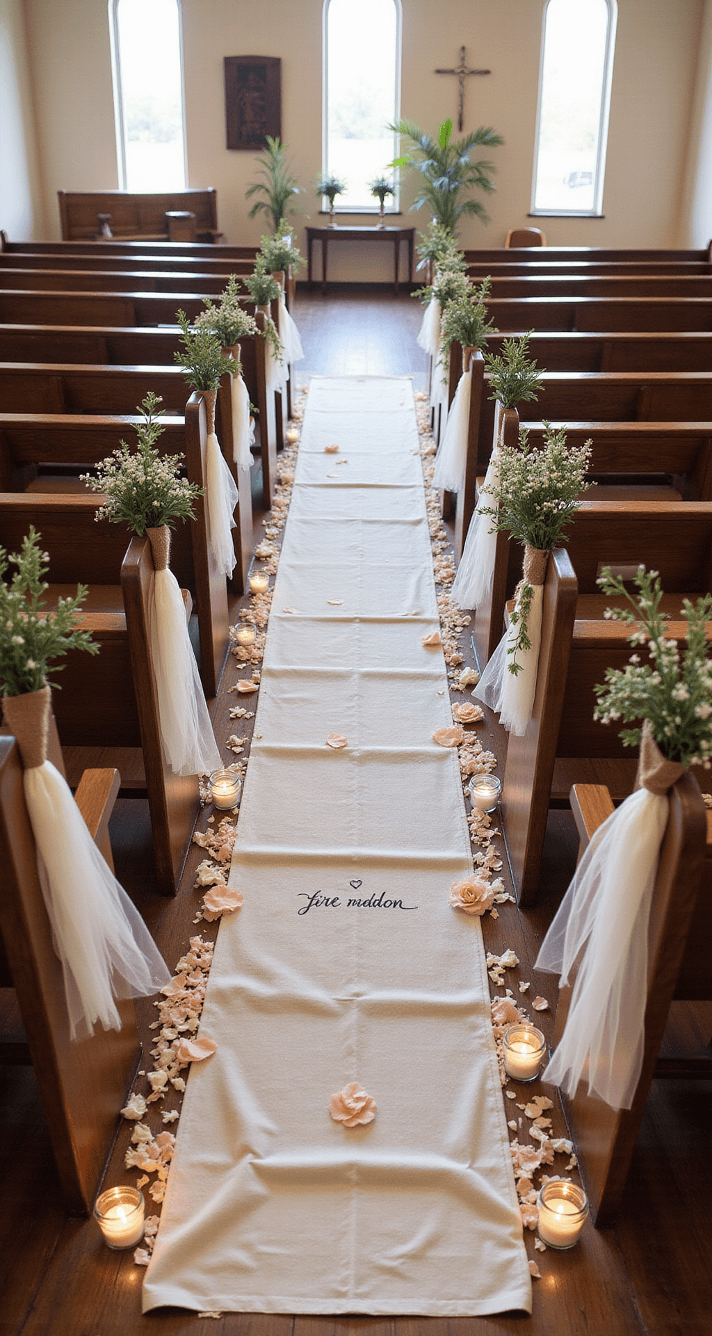 Church Wedding Decorations: Transform Your Sacred Space Into Something Magical Overhead view of a rustic church aisle decorated with wooden pews adorned with baby's breath and sage greenery, tied with burlap and cream lace ribbons, ivory tulle swags between pews, scattered rose petals on a linen runner, mason jar votives with LED candles on vintage wooden stands, illuminated by natural morning light filtering through windows, showcasing earthy tones.
