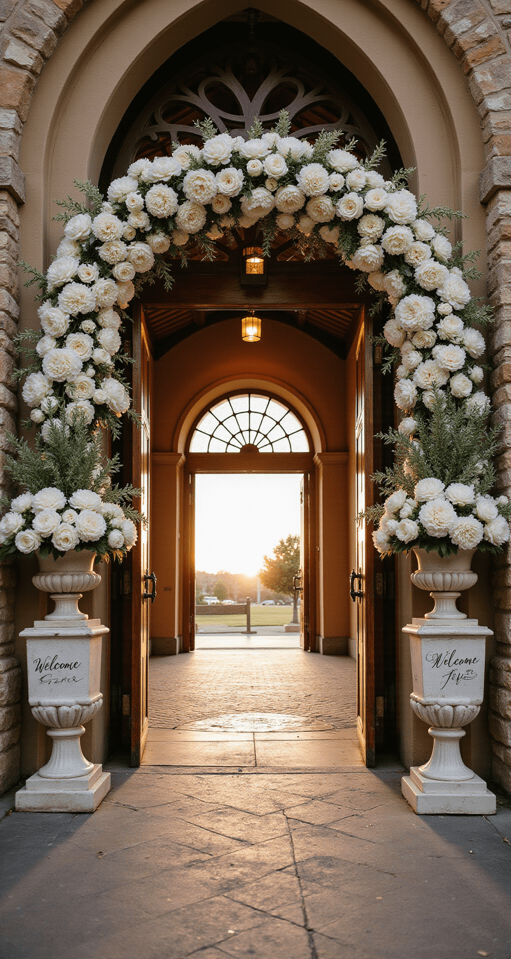 Church Wedding Decorations: Transform Your Sacred Space Into Something Magical Wide-angle view of a church entrance adorned with a floral archway of white peonies and ruscus, flanked by urns of seasonal blooms, personalized signage, and soft string lights, all set against rustic stone architecture and guests approaching, capturing a warm, enchanting atmosphere.