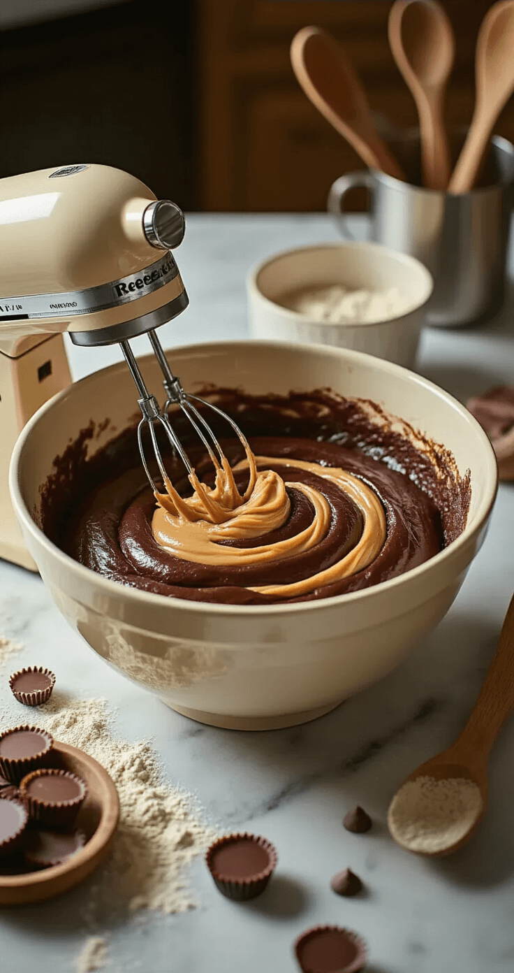 Peanut Butter Cup Cake That'll Make You Forget Store-Bought Exists A warm kitchen scene featuring a large ceramic bowl filled with chocolate cake batter infused with creamy peanut butter, an electric hand mixer beside the bowl, scattered mini Reese's cups on a marble countertop, a dusting of flour, and rustic wooden utensils creating a cozy domestic atmosphere with steam rising from the ingredients.