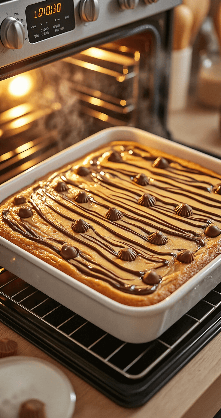 Peanut Butter Cup Cake That'll Make You Forget Store-Bought Exists Cinematic view of an open oven door revealing a golden-brown swirled peanut butter cup cake in a rectangular baking dish, topped with Reese's cups and marbled chocolate syrup, illuminated by warm amber light, with a glowing kitchen timer and softly blurred baking supplies in the background.
