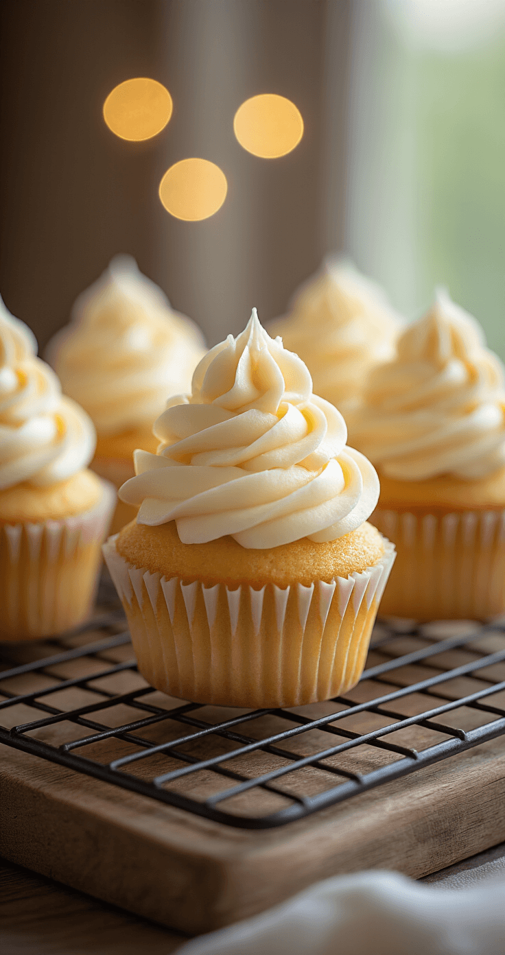 Vanilla Cream Cupcakes: The Ultimate Guide to Perfectly Moist, Fluffy Cupcakes Every Time Close-up of elegantly frosted vanilla cupcakes with ivory buttercream swirls on wooden cooling rack, showcasing golden-brown bases and dreamy bokeh background.