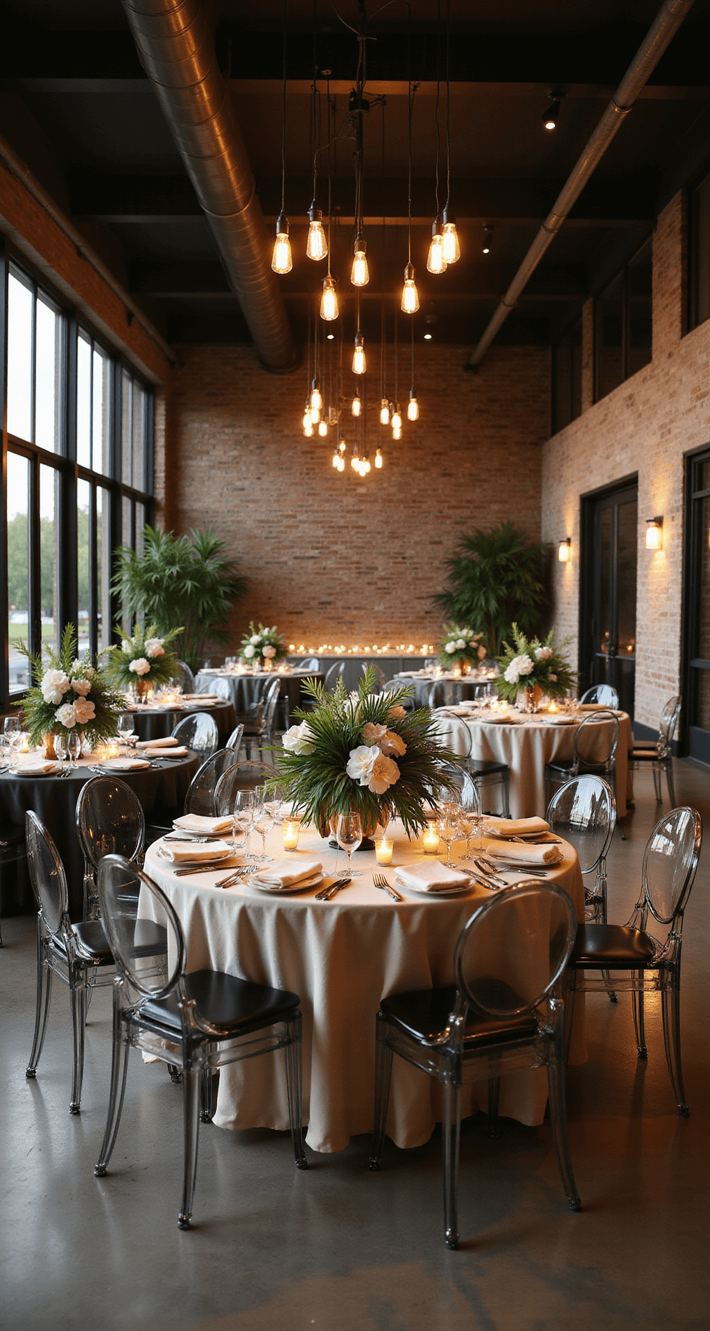 Modern Wedding Decor: How to Create Sophisticated Elegance Without the Clutter Wide-angle view of a modern wedding reception in a high-ceiling ballroom featuring ghost chairs, round tables with cream silk linens, and geometric centerpieces of emerald palm fronds and white orchids, illuminated by warm Edison bulbs and uplighting on exposed brick walls.