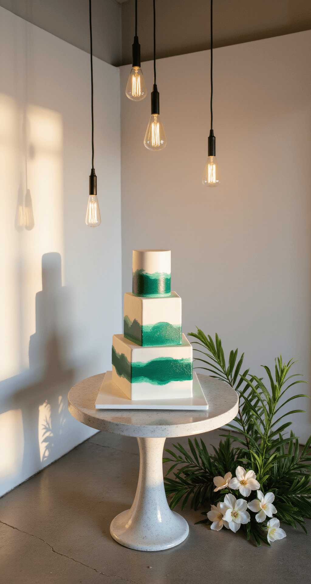 Modern Wedding Decor: How to Create Sophisticated Elegance Without the Clutter A modern three-tier square wedding cake with deep emerald green brushstroke detailing on white fondant, displayed on a marble stand in a minimalist venue corner adorned with suspended LED light curtains and contemporary floral arrangements.