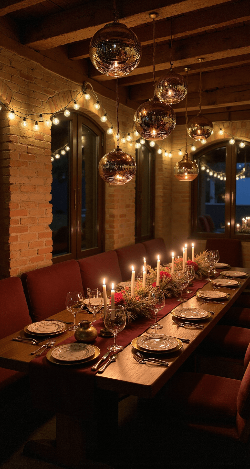 Disco Ball Wedding Decor: How to Add Sparkle and Personality to Your Big Day Moody candlelit dining nook with hanging disco balls above a long farm table, set for twelve, adorned with deep burgundy silk runners, vintage brass chargers, and lush floral arrangements, illuminated by warm amber candlelight and surrounded by fairy lights.