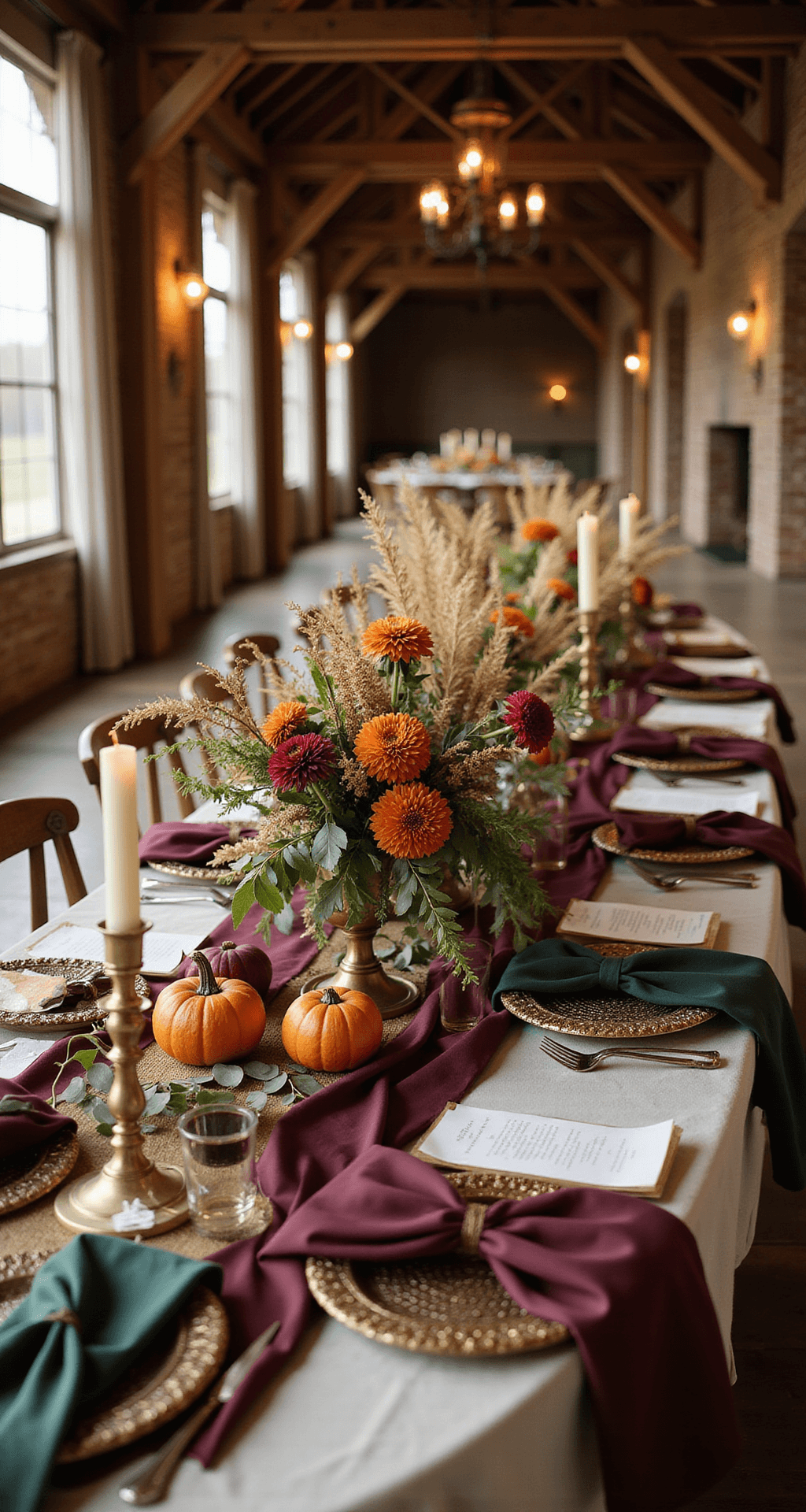 Fall Wedding Table Decor: Create Stunning Autumn Tablescapes That'll Make Your Guests Speechless Elegant fall wedding tablescape in a rustic barn, featuring burgundy silk runners, ivory linens, dahlia centerpieces, brass candlesticks, cream candles, gold mini pumpkins, jewel-toned napkins, and warm golden hour light filtering through windows.