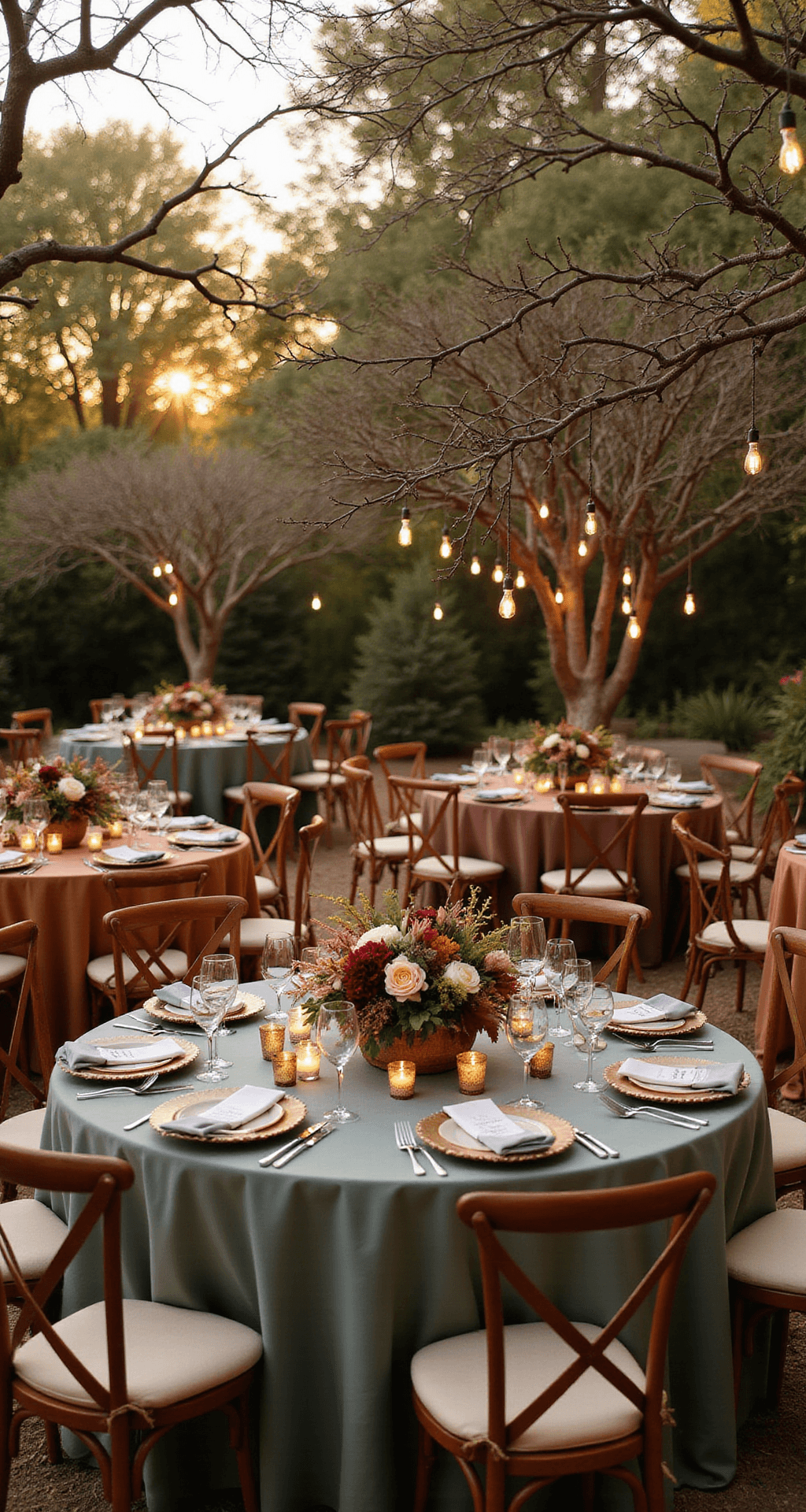 Fall Wedding Table Decor: Create Stunning Autumn Tablescapes That'll Make Your Guests Speechless Intimate garden wedding reception at golden hour featuring round tables with terracotta and sage green linens, dramatic tall centerpieces of manzanita branches with hanging tea lights, low arrangements of protea and scabiosa in cream and burgundy, natural wood slice place card holders, scattered olive branches and maple leaves, soft candlelight, and silk napkins tied with twine and autumn leaf bouquets, creating an enchanted atmosphere.