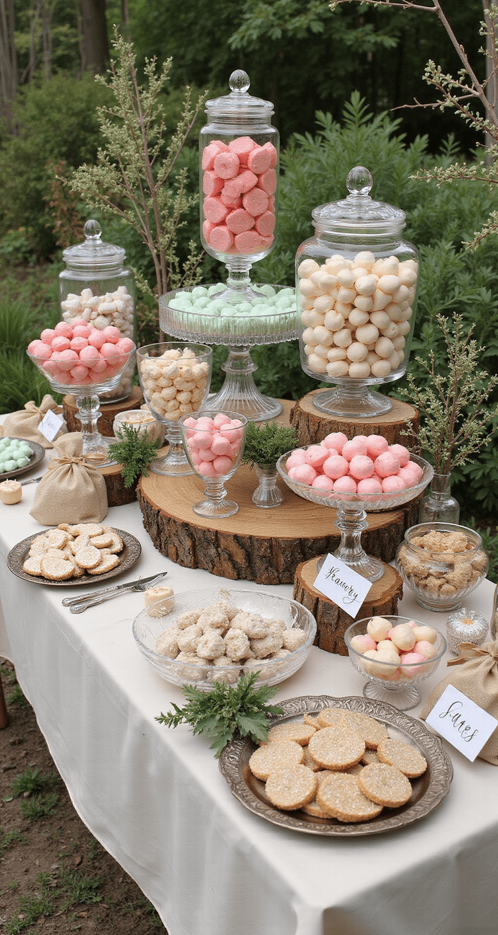 Wedding Buffet Table Decoration: How to Create a Stunning Focal Point That Guests Won't Stop Talking About Overhead view of a whimsical garden wedding candy buffet featuring coral, cream, and mint green colors in clear glass vessels, with tiered crystal stands displaying an array of coordinated sweets, vintage apothecary jars, flowing linen on rustic farm tables, fresh greenery, calligraphy signs, burlap favor bags, and glowing fairy lights.
