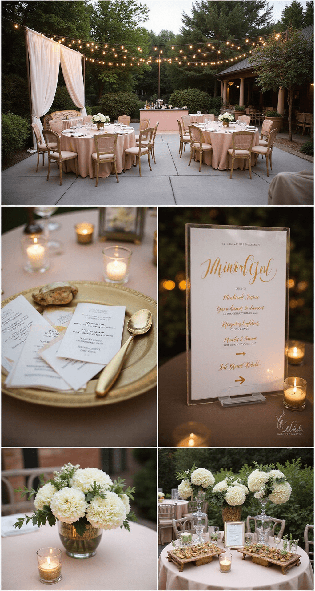 The Ultimate Wedding Décor Checklist: Transform Your Celebration Into an Unforgettable Experience An elegant cocktail hour setup on a garden terrace, featuring blush pink-draped tables with gold-rimmed glassware and white hydrangea centerpieces, illuminated by warm market string lights and ivory fabric drapes, with a sophisticated bar backdrop and directional signage in gold calligraphy. Close-up details include personalized cocktail napkins, a memory table with vintage frames and votive candles, and appetizer menu cards on acrylic stands, set against a terracotta and sage color scheme with comfortable lounge furniture and lawn games in the background.