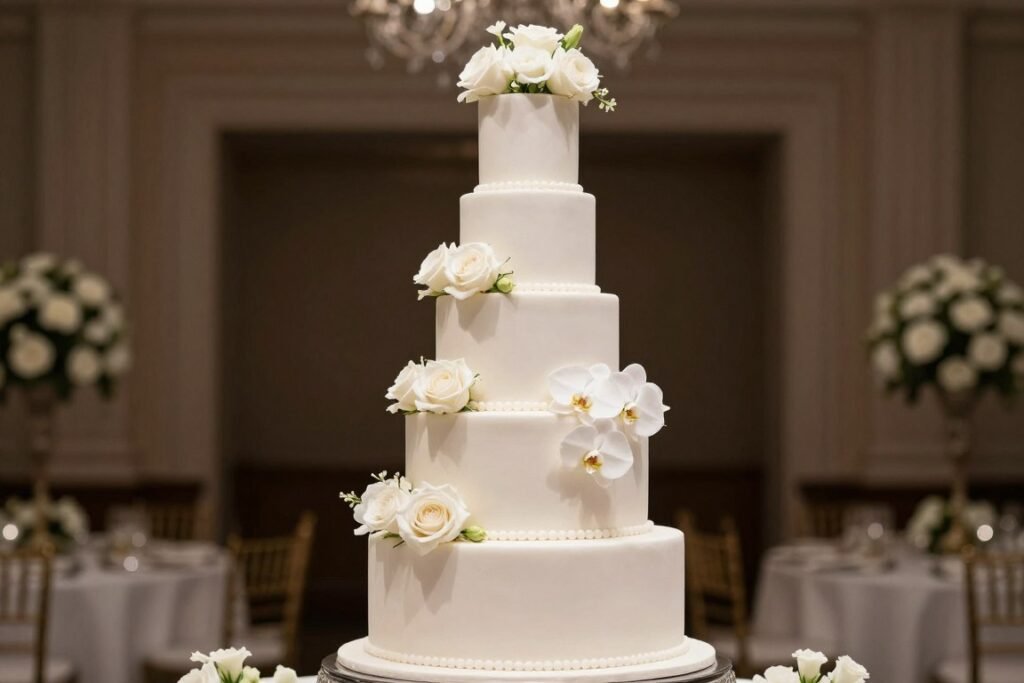 All-white wedding cake with white real flowers All-white wedding cake with white real flowers