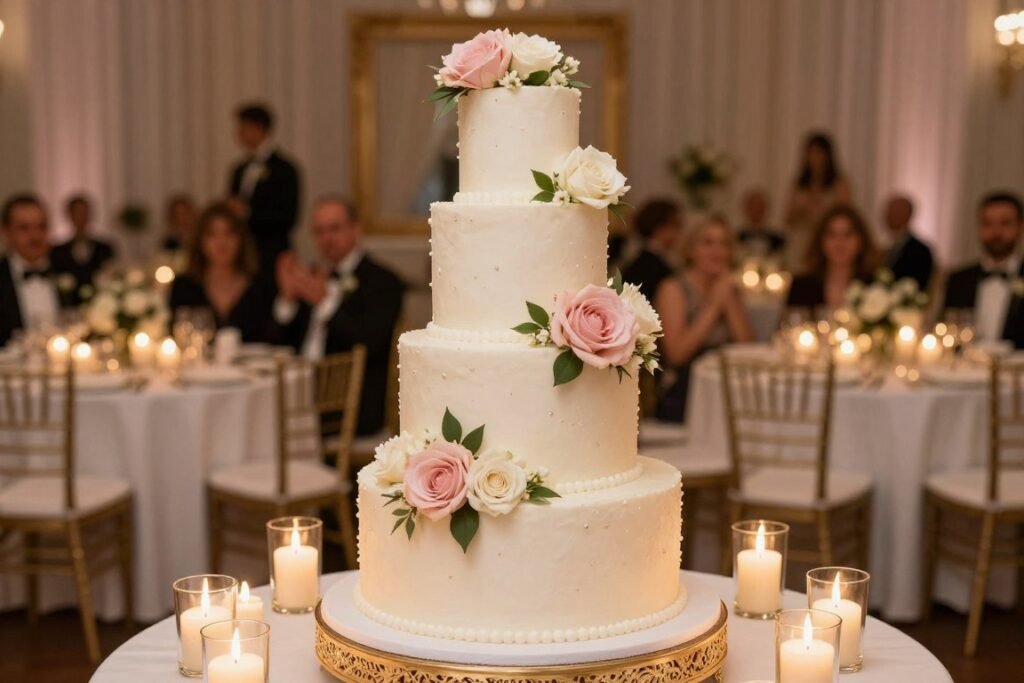 Beautiful luxury wedding cake with real flowers at elegant reception Beautiful luxury wedding cake with real flowers at elegant reception