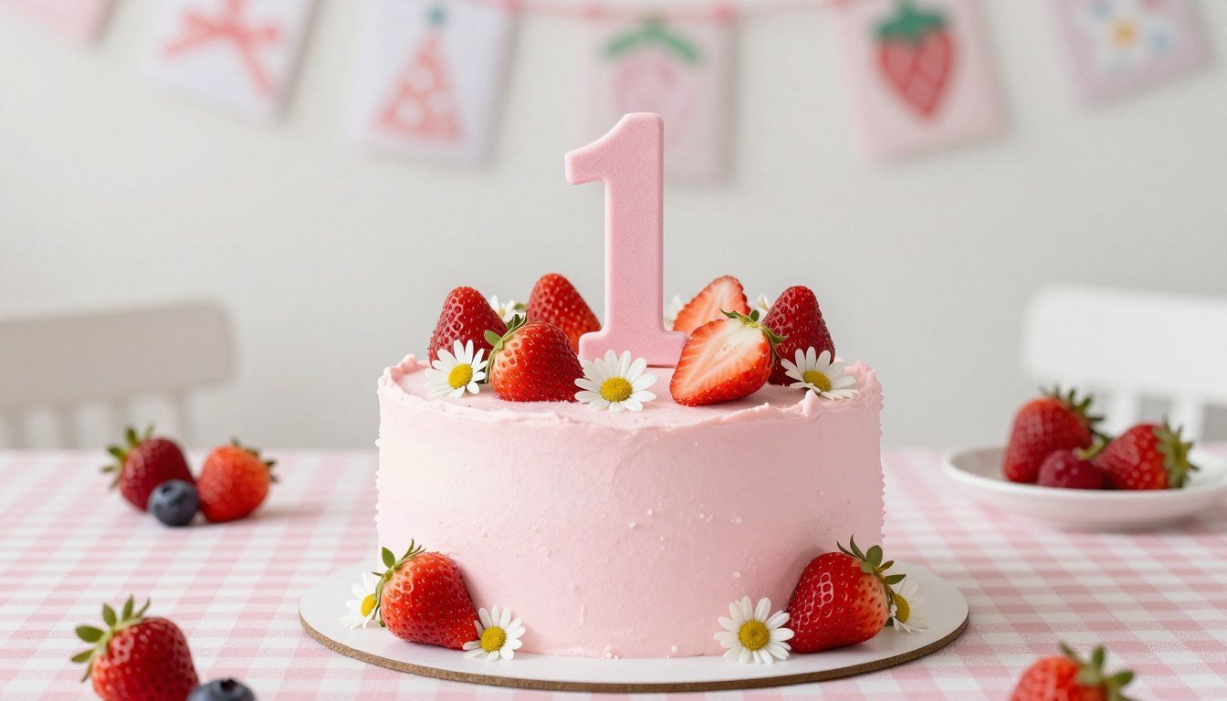 Berry First Birthday Cake Ideas with strawberries and pink frosting