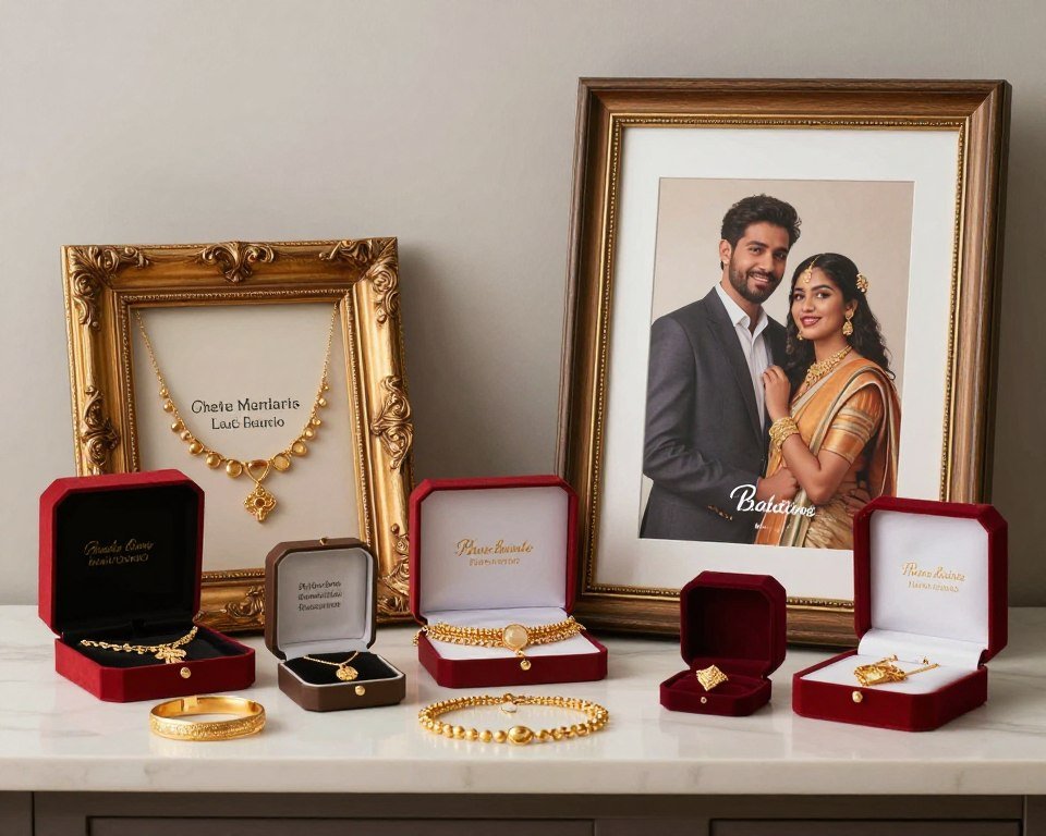 Blend of traditional and modern gold anniversary gifts displayed together Blend of traditional and modern gold anniversary gifts displayed together