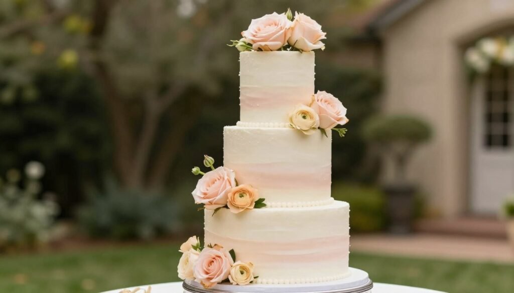 Blush and champagne wedding cake with real flowers Blush and champagne wedding cake with real flowers