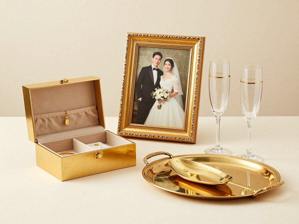 Collection of traditional gold anniversary gifts including jewelry and frames Collection of traditional gold anniversary gifts including jewelry and frames