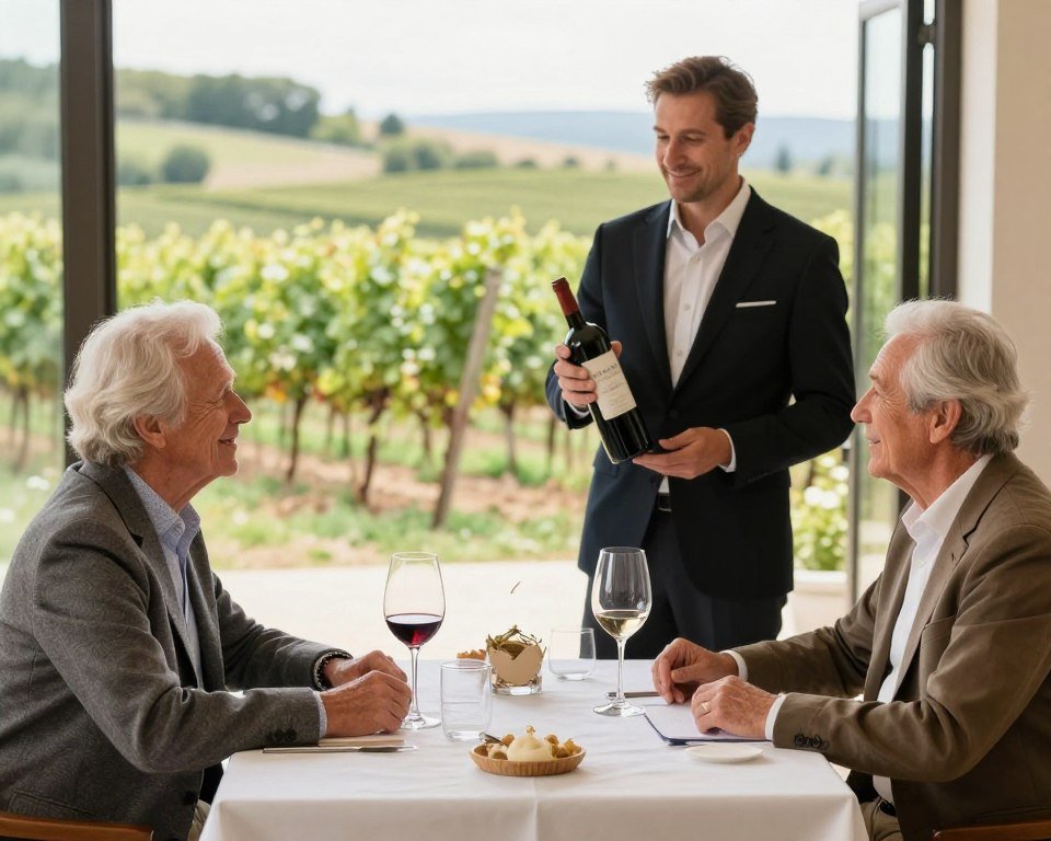 Couple enjoying wine tasting at elegant vineyard Couple enjoying wine tasting at elegant vineyard