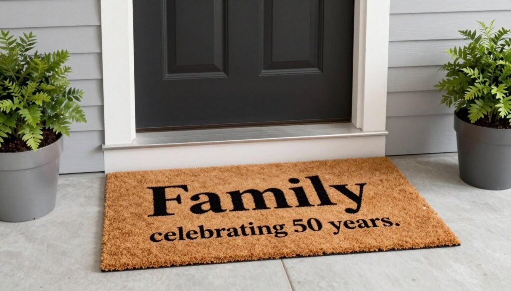 Custom doormat with family name at elegant home entrance Custom doormat with family name at elegant home entrance
