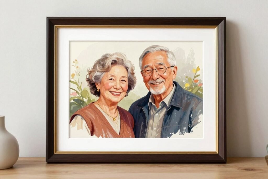 Custom illustrated portrait of elderly couple in elegant artistic style Custom illustrated portrait of elderly couple in elegant artistic style