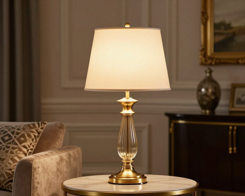 Designer table lamp with gold accents in elegant living room setting Designer table lamp with gold accents in elegant living room setting