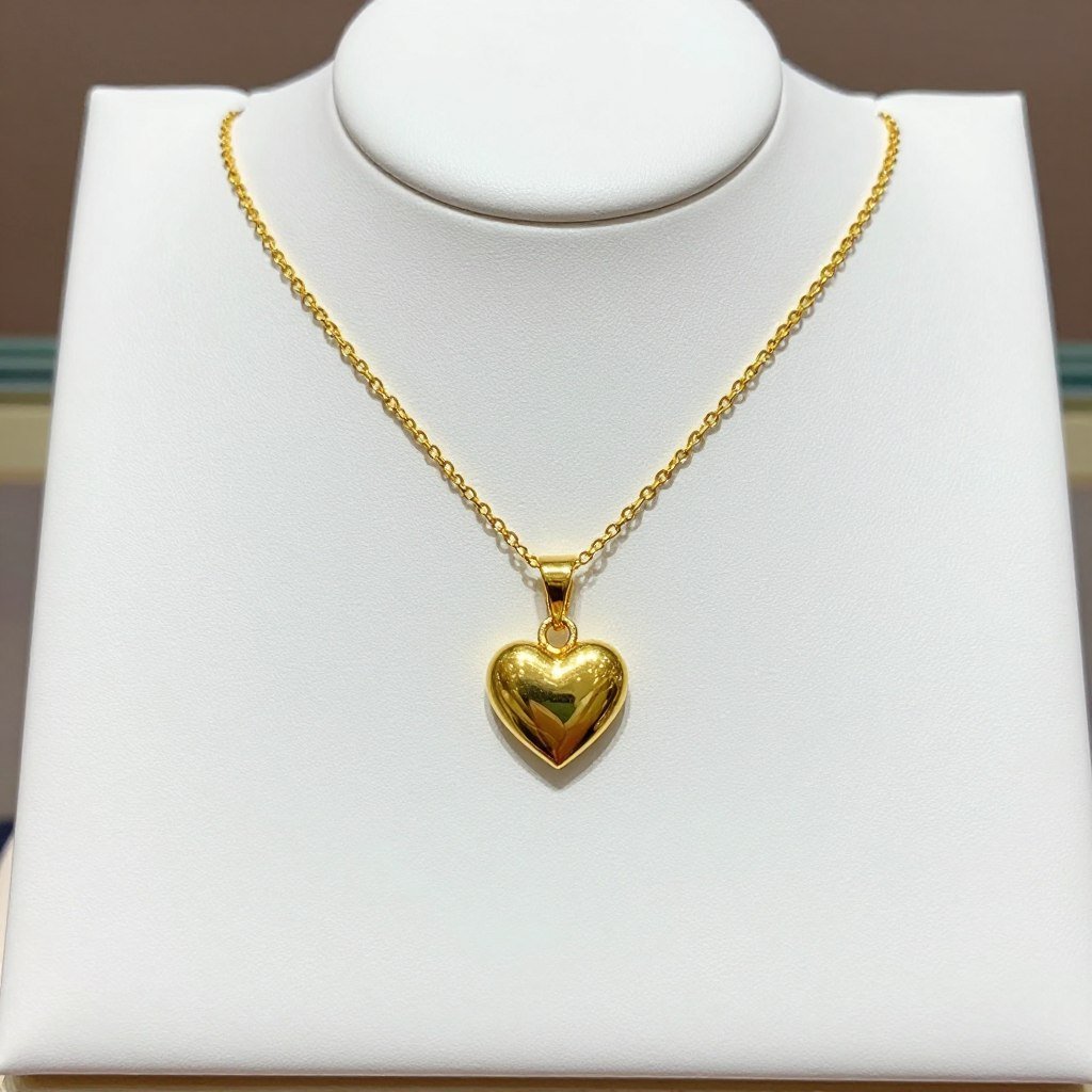 Elegant gold necklace with heart pendant on jewelry display Elegant gold necklace with heart pendant on jewelry display