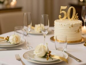 50th Anniversary Gift Ideas That Feel Elegant (Golden Anniversary Inspiration) Elegant golden anniversary celebration with gold-themed decorations and champagne flutes