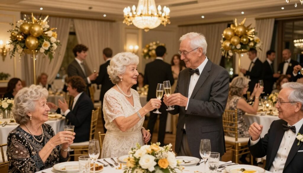 Elegant golden anniversary party with guests celebrating Elegant golden anniversary party with guests celebrating