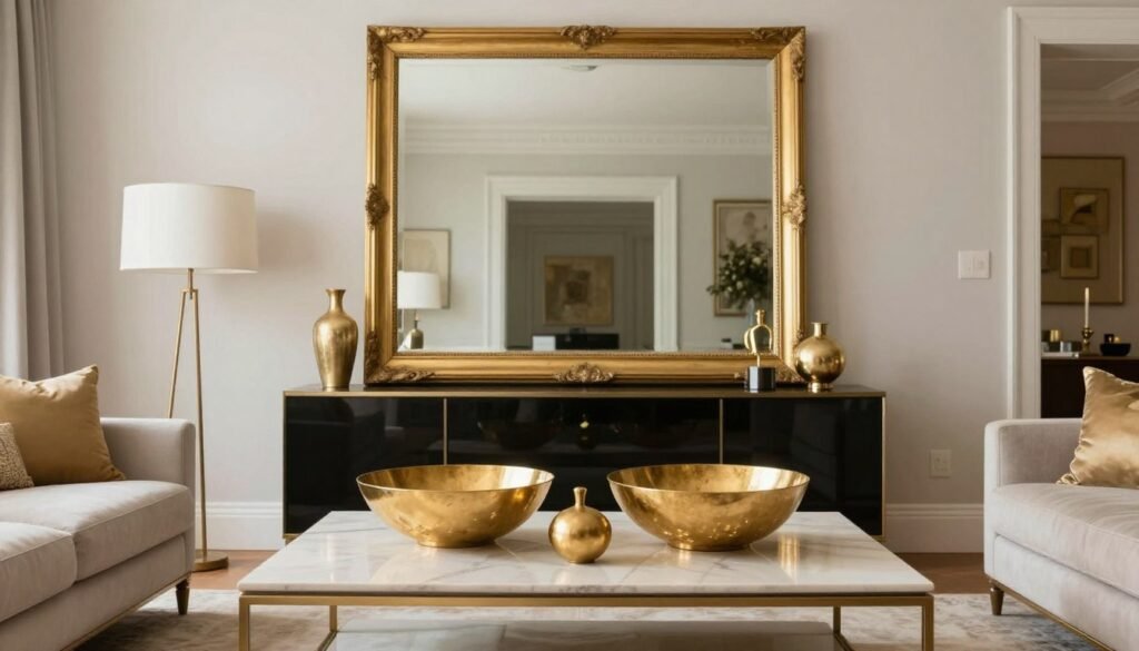 Elegant living room with gold-accent mirror and decorative accessories Elegant living room with gold-accent mirror and decorative accessories