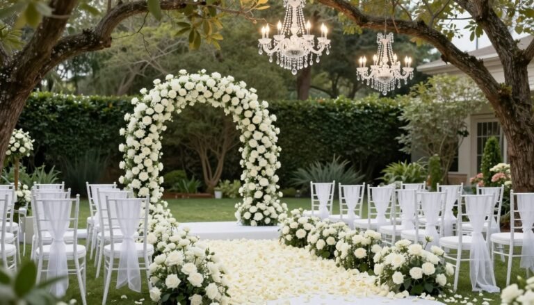 Garden Wedding Décor Ideas with a Luxury Twist Elegant luxury garden wedding ceremony with white roses and crystal chandeliers