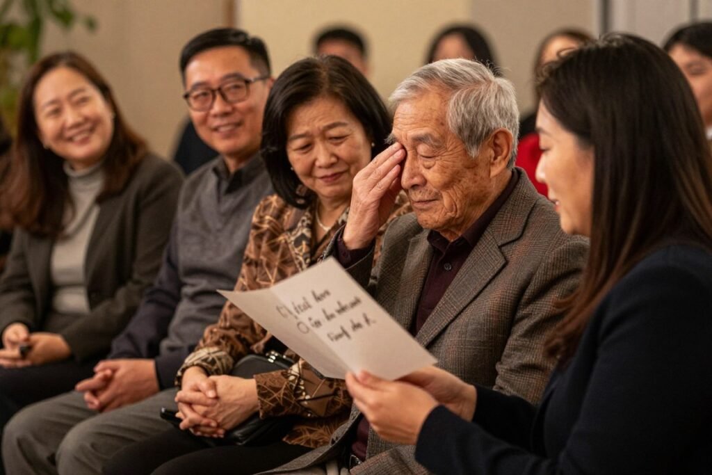 Family members reading heartfelt messages at anniversary celebration Family members reading heartfelt messages at anniversary celebration
