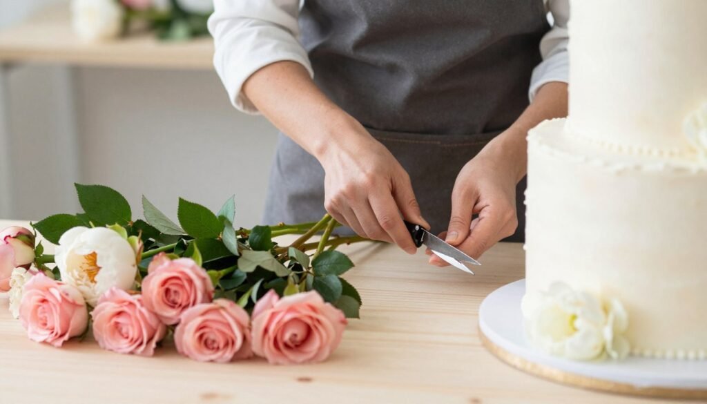 Food-safe real flowers being prepared for wedding cake decoration Food-safe real flowers being prepared for wedding cake decoration