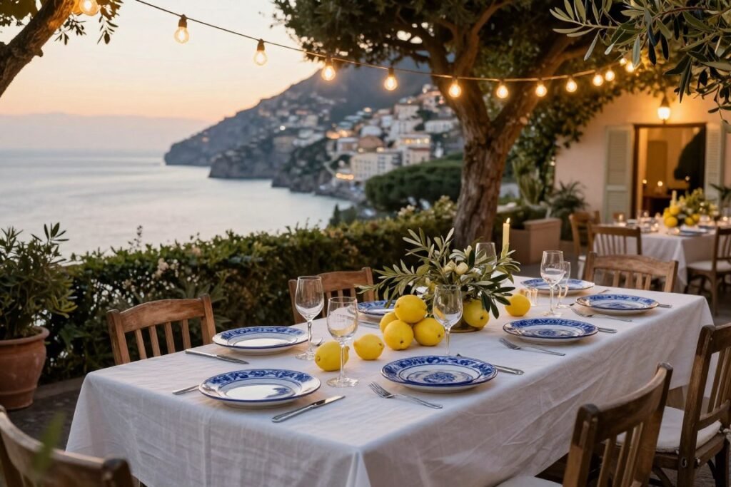 Italian Garden Dinner Party Ideas (Amalfi Coast Style for a Stunning Outdoor Evening) Italian garden dinner party setup with blue and white table settings under string lights