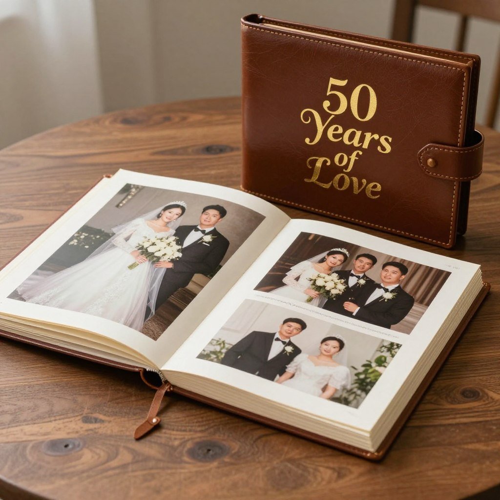 Luxury leather-bound custom photo album with gold embossing and wedding photos Luxury leather-bound custom photo album with gold embossing and wedding photos