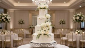 Luxury Wedding Cake Ideas with Real Flowers Luxury wedding cake ideas with real flowers featuring cascading white roses and gold accents