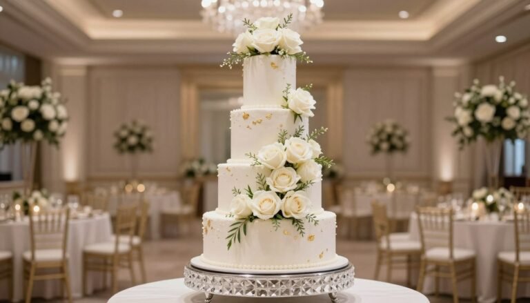 Luxury Wedding Cake Ideas with Real Flowers Luxury wedding cake ideas with real flowers featuring cascading white roses and gold accents