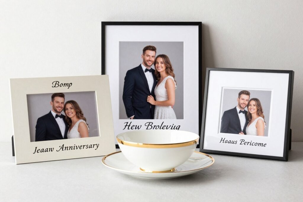 Mid-range personalized anniversary gift items displayed elegantly Mid-range personalized anniversary gift items displayed elegantly