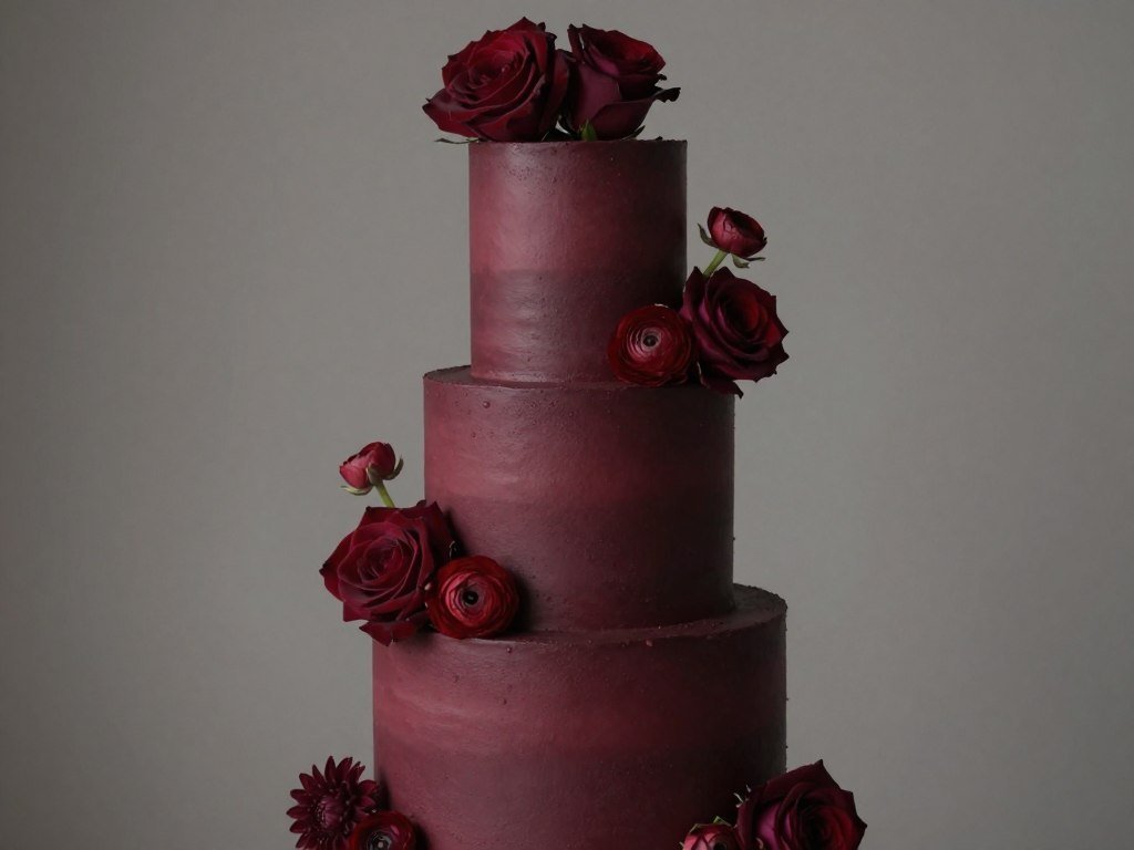 Monochrome burgundy wedding cake with real flowers Monochrome burgundy wedding cake with real flowers
