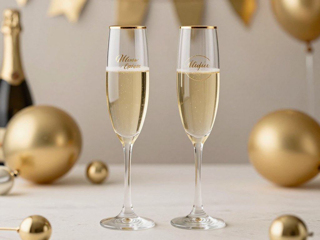 Pair of elegant champagne flutes with gold rims and engraving Pair of elegant champagne flutes with gold rims and engraving